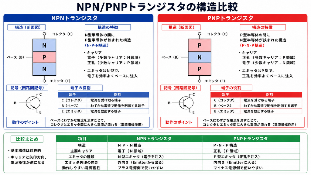 NPN/PNPトランジスタの構造比較