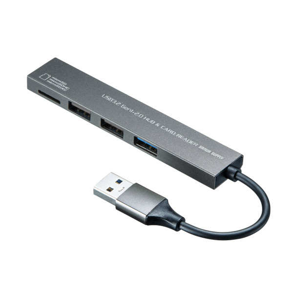 【USB-3HC319S】サンワサプライ　USB 3.2 Gen1+USB2.0 コンボ　スリムハブ(カードリーダー付き）