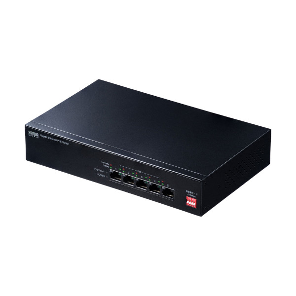 【LAN-GIGAPOE51】サンワサプライ　長距離伝送・ギガビット対応PoEスイッチングハブ（5ポート）
