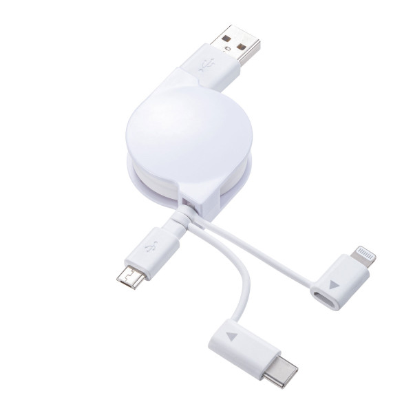 【KB-IPLTM08KW】サンワサプライ　ライトニング・TypeC・microB 巻取りUSB　3in1 ケーブル　0.8m